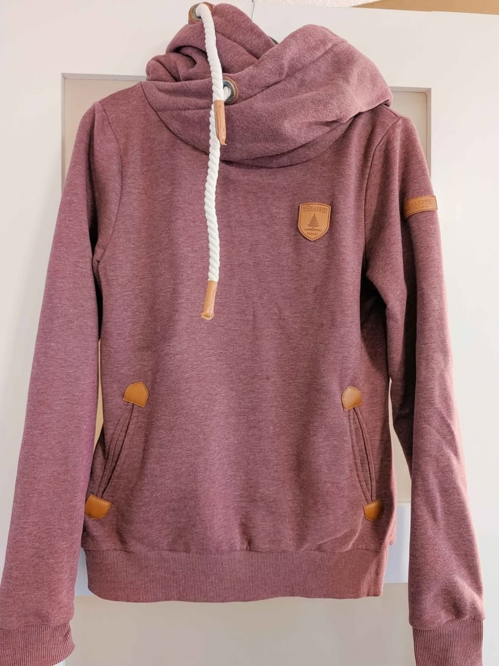 Wanakome Cowl Neck Hoodie in Dusty Mauve with Cream Drawcord